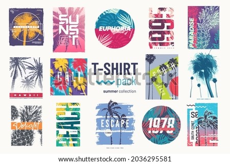 Collection of fourteen colorful vector t-shirt summer designs, prints, illustrations.