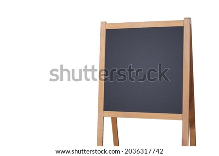 Restaurant sidewalk chalkboard sign shop board. Empty menu board stand. Freestanding blackboard frame in front of cafe. Isolated image on white background