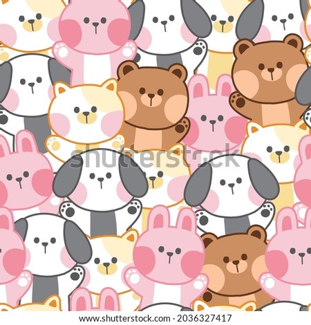 Repeat.Seamless pattern of cute animals background.Bear,cat,rabbit.Kawaii.Image for wallpaper,banner,card,kid cloth,gift paper wrap.Graphic design.Vector.Illustration.