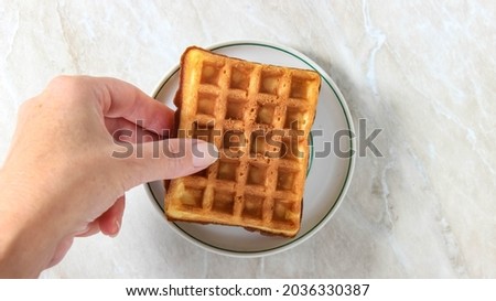 The hand puts soft rectangular waffles on a saucer. Delicious dessert. Top view.
