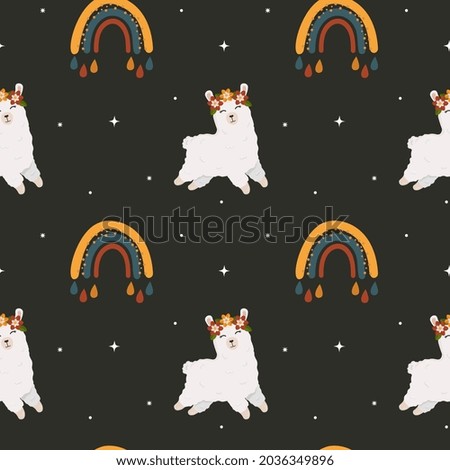 Seamless pattern for kid with cute alpaca (llama) and rainbow. Baby background for t-shirt print, packaging, wrapping paper, etc. Vector animal background