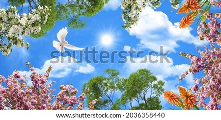 stretch ceiling picture. fluffy cloudy and sunny blue sky. Dove flying among green tree branches. pink and white cherry blossoms,orange tropical flower