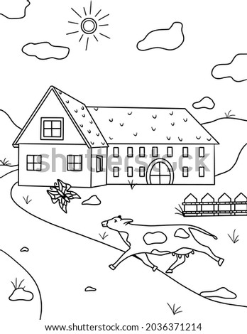 Vector children's coloring book.  Cute cow running after butterfly on farm background