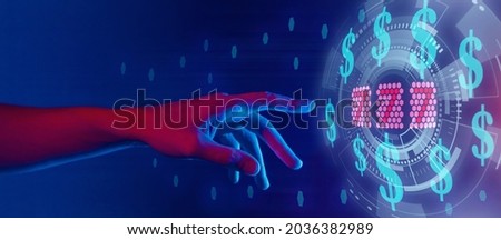 online casino and gambling concept, hand touching shining sign 777 and dollars symbols, blue horizontal neon banner