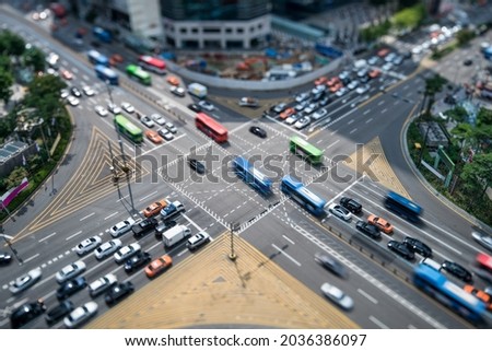 Aerial view of a busy intersection road in Gangnam, Seoul, South Korea Royalty-Free Stock Photo #2036386097