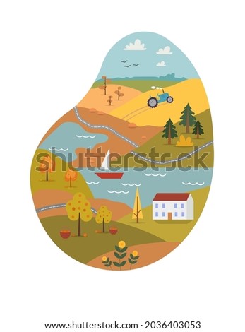 Autumn landscape flat vector illustration. Nature with lakes and trees, mountains, fields, leaves. Apple harvest. Countryside farm landscape. Autumn background