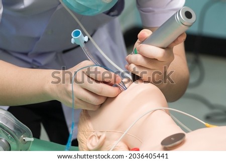 Anesthesiologist performing an orotracheal intubation on a simulation, Medical manipulation. mannequin dummy during medical training to control of the airway. Royalty-Free Stock Photo #2036405441