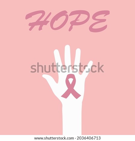 Breast cancer awareness for support and healthcare. A poster of the breast cancer campaign in October. A hand with a ribbon icon. Vector