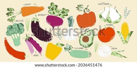 Collection of cartoon vegetables. Food poster with text. Vector hand drawn illustration.