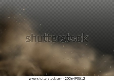 Dust cloud with particles with dirt,cigarette smoke, smog, soil and sand  particles. Realistic vector isolated on transparent background. Concept house cleaning, air pollution,big explosion.
