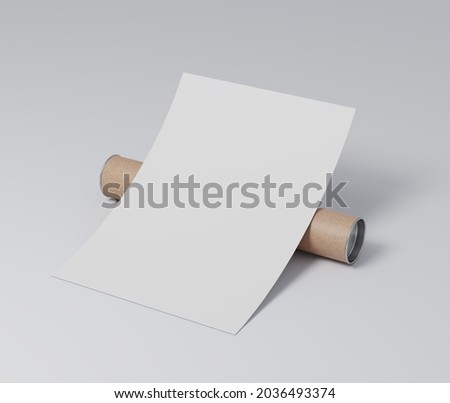 Empty white paper sheet on blank backgorund, Blank portrait A4 vertical, Blank kraft round package box, round tube, gift box 