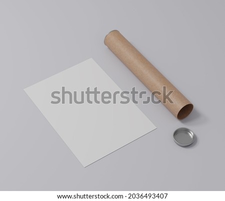 Empty white paper sheet on blank backgorund, Blank portrait A4 vertical, Blank kraft round package box, round tube, gift box 