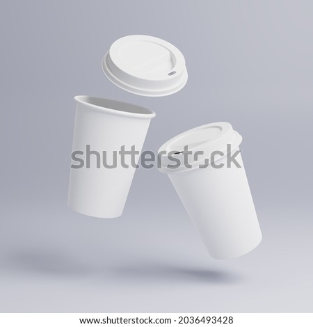 White paper cups of coffee mock up on blank background, White Cup Lid, Two cups in the air dynamically Royalty-Free Stock Photo #2036493428