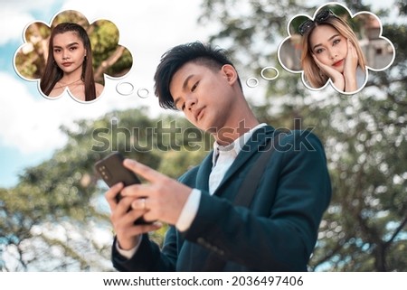 A young man decides which girl to meet. Thought bubbles show two pretty women. A young playboy. Dating app concept. Royalty-Free Stock Photo #2036497406