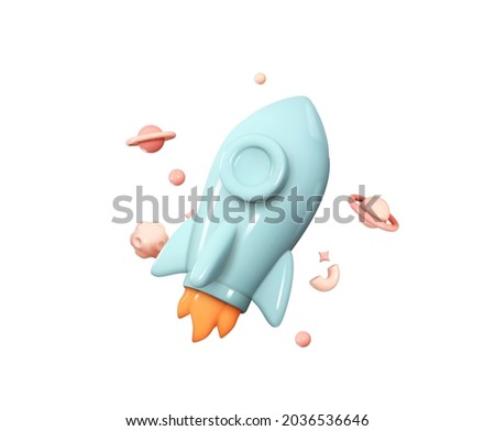 Flying space rocket in space around the planets. Spaceship launch. Rocket 3d icon. Realistic creative conceptual symbols. Logo ship. Launch business product on market. Vector illustration Royalty-Free Stock Photo #2036536646