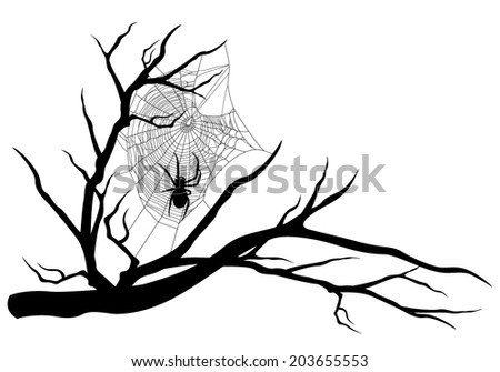 spider web on tree branch - halloween theme black vector silhouette