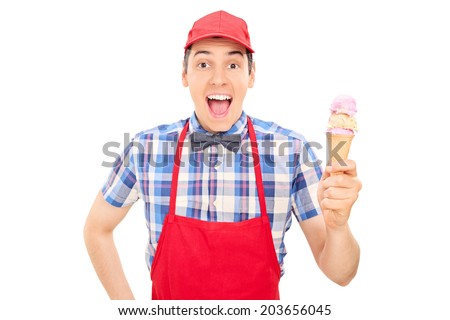 Cheerful ice cream seller holding an ice cream isolated on white background