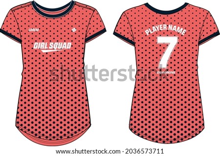 Women Sports Jersey t-shirt design concept Illustration, Polka dot halftone pattern t shirt for girls and Ladies Volleyball jersey, Football, badminton, Soccer and netball, Sport uniform kit