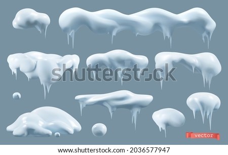 Snow 3d vector realistic set. Snowdrifts and icicles, winter. Christmas decorations