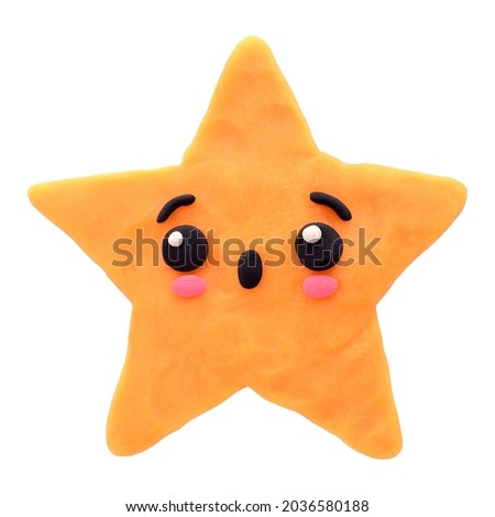 A surprised, cartoon, orange star. Made of plasticine.