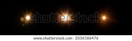 Easy to add lens flare effects for overlay designs or screen blending mode to make high-quality images. Set of abstract sun burst, digital flare, iridescent glare over black background.