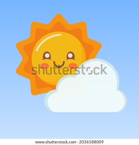cute sun and cloud in blue skies. vector illustration. Card for kids.
