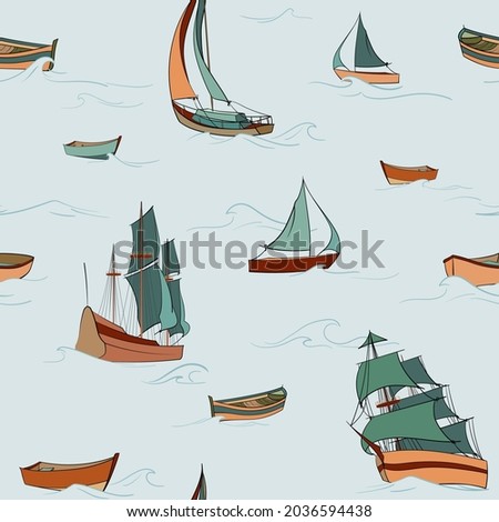Vector seamless pattern with different ships and boats, waves. Hand painted illustration for wallpaper for kids room, curtains, texture, wrapping paper, textiles, fabric, decoration.