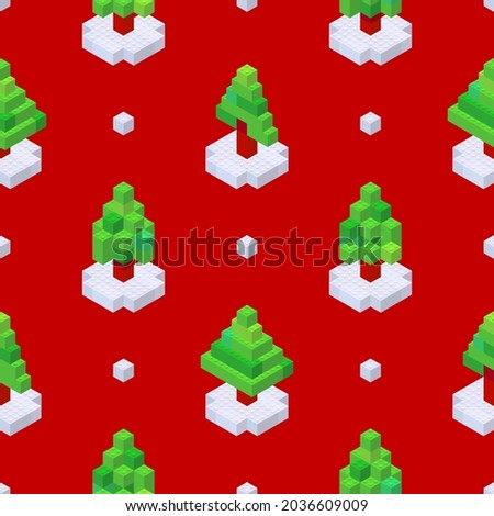 Pattern of Christmas trees collected from cubes on a red background in isometric style. Vector illustration.