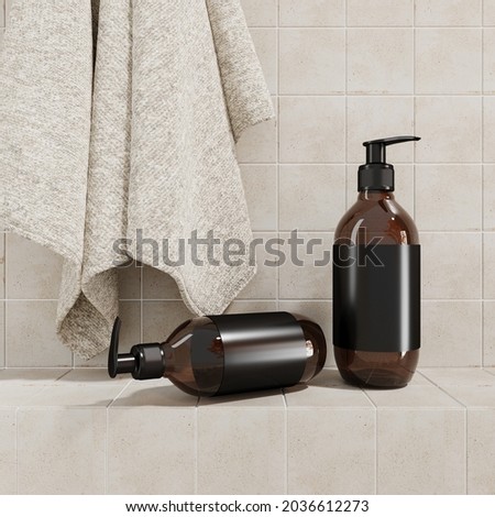 Bathroom mockup background with tiles for presentation of products, bottles, beauty care products. Empty showcase with pastel shadows for magazines - 3d render. Aesthetic, modern, minimal template.