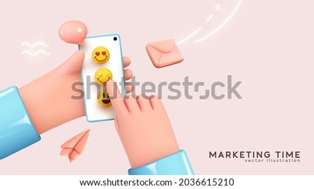 Social media concept. Marketing time. Realistic abstract 3d design. Cartoon style. In hand phone sends emoticons of emotions to friends. Mobile Template Social network. smile icon. Vector illustration Royalty-Free Stock Photo #2036615210