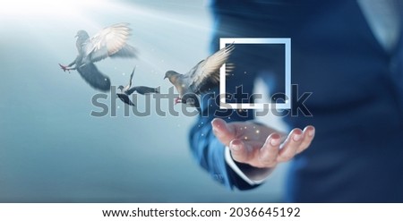 Abstract. Think outside the box concept. Businessman with free birds flying out of square box.Thinking creativity, freely that challenge save zone mindset to find business creative solution and ideas. Royalty-Free Stock Photo #2036645192