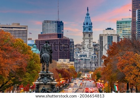 Philadelphia, Pennsylvania, USA in autumn overlooking Benjamin Franklin Parkway. Royalty-Free Stock Photo #2036654813