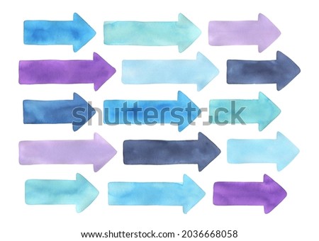 Watercolor directional arrow collection in blue and purple colors gradations. Hand drawn watercolour painting on white background, cut out clip art elements for design, modern banner, stickers, print.