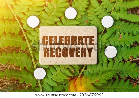 Medicine concept. On a green leaf of the plant are pills and a sign with the inscription - Celebrate Recovery