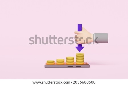 pile coins with orange mobile phone, smartphone, arrow, businessman hands holding bar graph isolated on pink background. financial success, growth, saving money concept, 3d illustration or 3d render