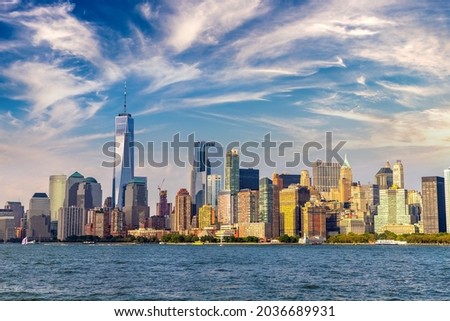 Panoramic view of Manhattan cityscape in New York City at sunset, NY, USA Royalty-Free Stock Photo #2036689931