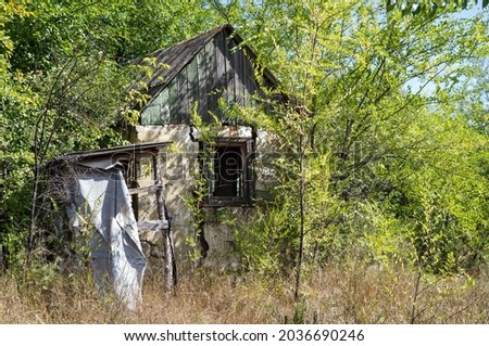 A small abandoned house in the forest wilderness. Old abandoned house with a broken window.