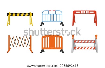 Different road barriers set. Metal and plastic traffic barricades isolated on white background. Work zone safety on highway construction. Vector cartoon illustration. Royalty-Free Stock Photo #2036693615