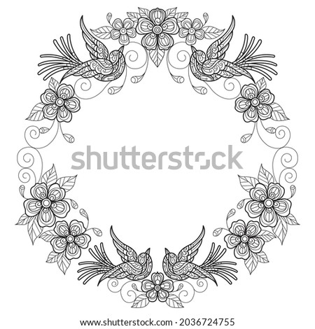 Birds wreath. Hand drawn sketch illustration for adult coloring book