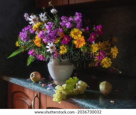 Still life with splendid bouquet and fruits in the interior