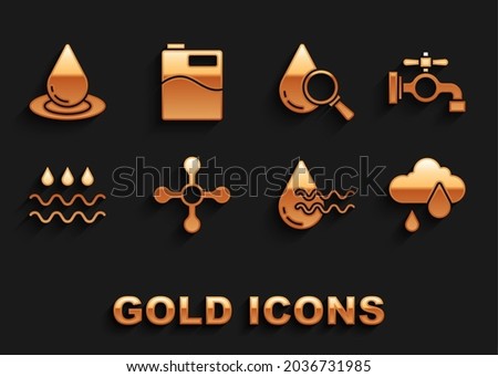 Set Water tap, Cloud with rain, Recycle clean aqua, Wave water drop, Drop and magnifying glass,  and Big bottle icon. Vector