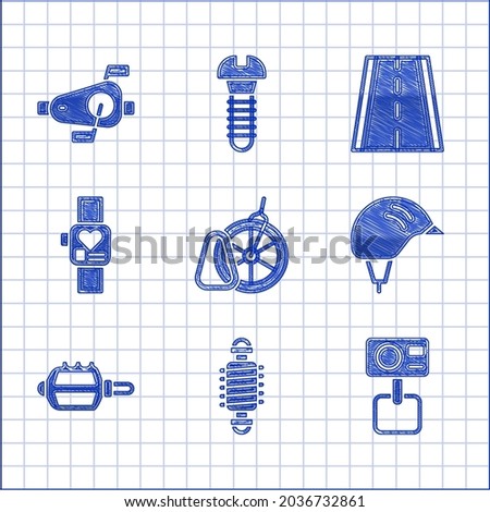 Set Bicycle parking, suspension, Action extreme camera, helmet, pedal, Smart watch, lane and pedals icon. Vector