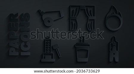 Set Paper glass with water, Circus fire hoop, Striker attraction hammer, ticket, curtain raises and Cannon icon. Vector Royalty-Free Stock Photo #2036733629