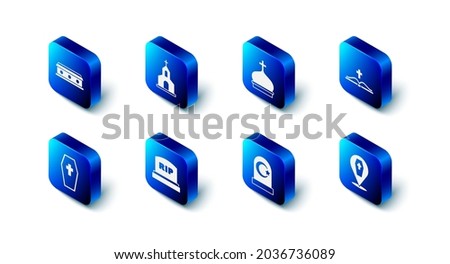 Set Church building, tower, Holy bible book, Coffin with cross, Muslim cemetery, Tombstone RIP written,  and  icon. Vector