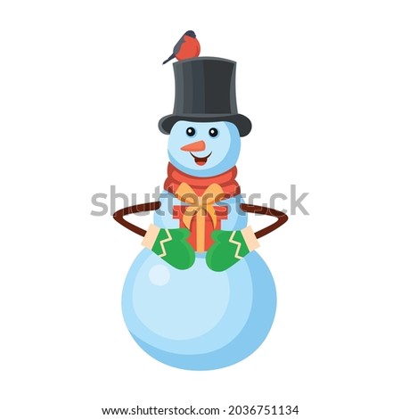 Snowman wearing in hat and scarf with a gift in hands. Concept of winter and christmas banner, sticker label and greeting card.