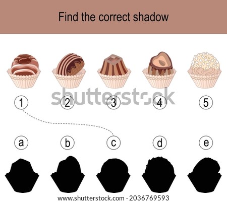 Find the correct shadow puzzle with chocolate sweets. Illustration can be used as logic game for children.