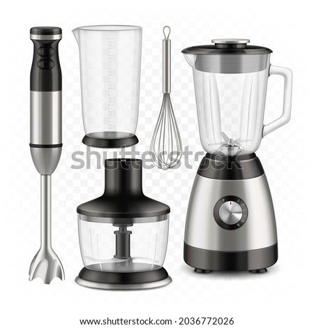 Blender, Food Processor And Whisk Tools Set Vector. Immersion Blender Measuring Cup And Container With Cut Sharp Blade. Chef Electronic Appliance For Cooking Template Realistic 3d Illustrations Royalty-Free Stock Photo #2036772026