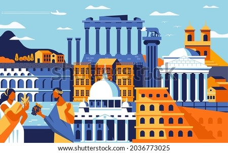 Rome city colorful flat design style. Cityscape with all famous buildings. Landmarks of Rome city composition for design. Travel and tourism background. Vector illustration Royalty-Free Stock Photo #2036773025