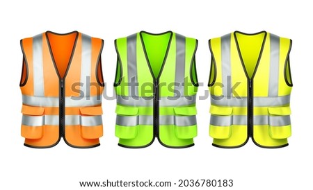 Safety Vest Protection Clothing Uniform Set Vector. Yellow, Green And Orange Builder And Driver Safety Vest Clothes Accessory. Protective Jacket Clothing Template Realistic 3d Illustrations Royalty-Free Stock Photo #2036780183