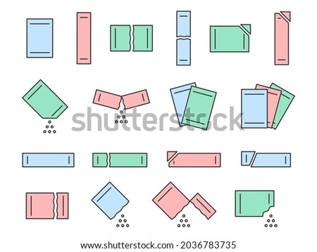 Sachet packet soluble powder line icon set. Open paper pack stick with powder. Soluble bag medication or food sugar, salt, coffee. Symbol pouch editable stroke. Vector illustration